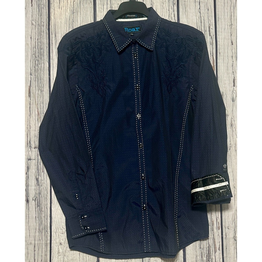 Roar Signature Series Shirt Embroidered Blue Long Sleeve Tribal Geometric Mens L